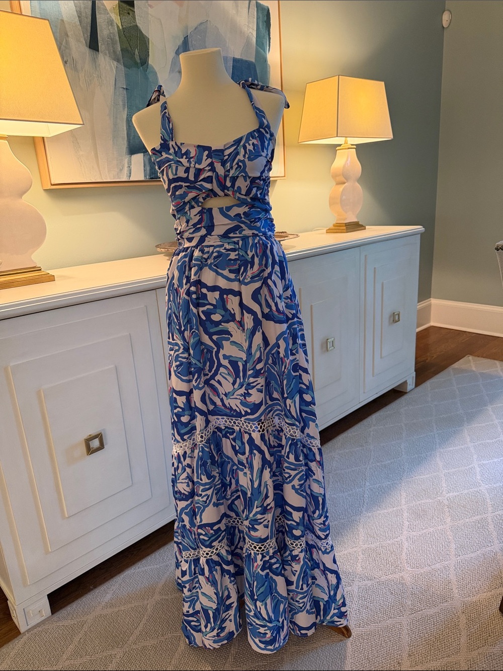 Blue & White Printed Tie-Shoulder Maxi Dress